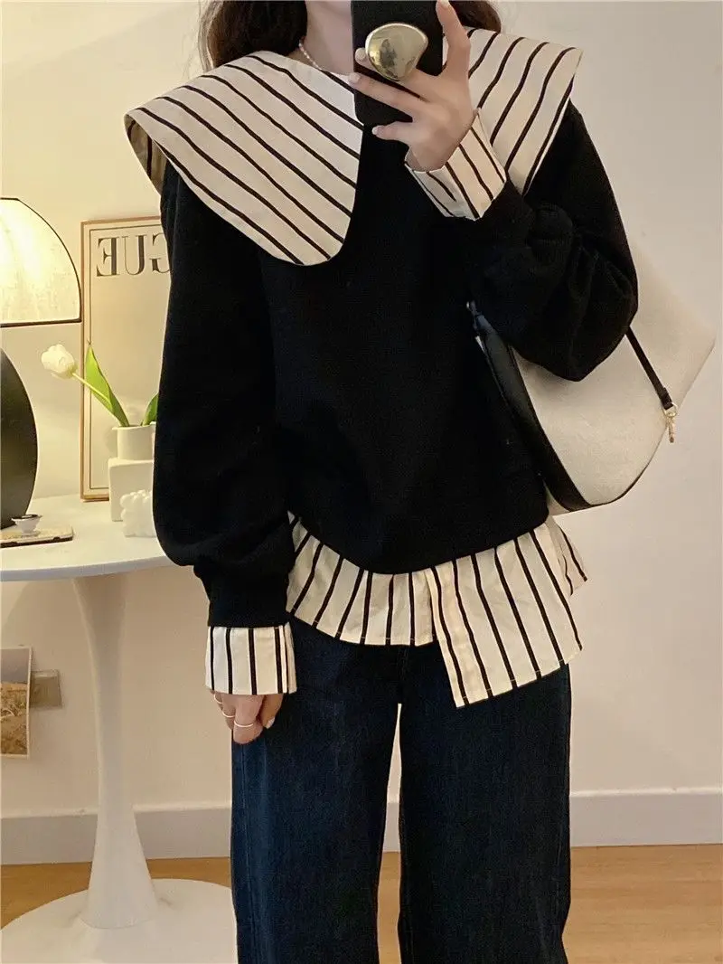 Fake Two-Piece Sweatshirt Irregular Top Doll Collar Striped Splicing 2024 Niche Spring New Korean Style Loose Top For Women