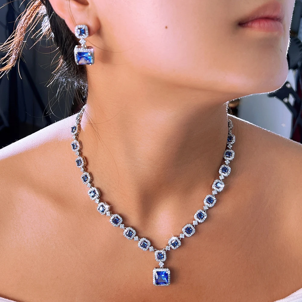 ThreeGraces Unique Blue Synthetic Tanzanite and Zirconia Square Shape Elegant Bridal Wedding Party Jewelry Set for Women T1077