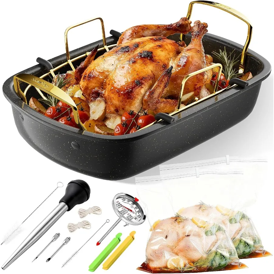 

Turkey Roasting Pan 17x13 Inch Nonstick Roaster with Removable Rack Turkey Baster Meat Thermometer Turkey Brine Bags Roaster Pa