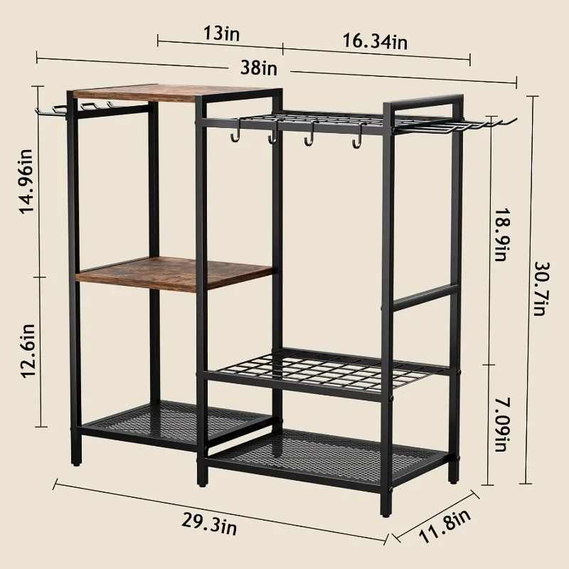 Garden Garage Tool Organizer - with 3-tier Shelves, Yard Tool Organizer for Garage with 4 Hooks, Heavy duty Steel Garden Tool