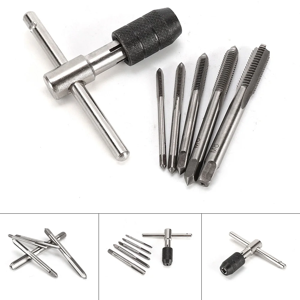 6pcs M3-M8 Tap Drill Set T Handle Ratchet Tap Wrench With Screw Metric A'lloy Steel Machinist Tool For Threading Die Kit