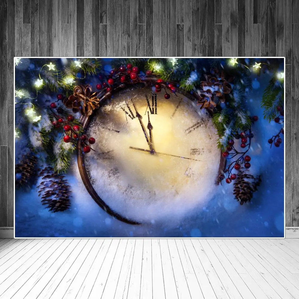 Fondos fotográficos personalizados de Navidad, Año Nuevo, reloj de nieve, conos de pino Acebo, decoración del hogar, estudio, fotomatón