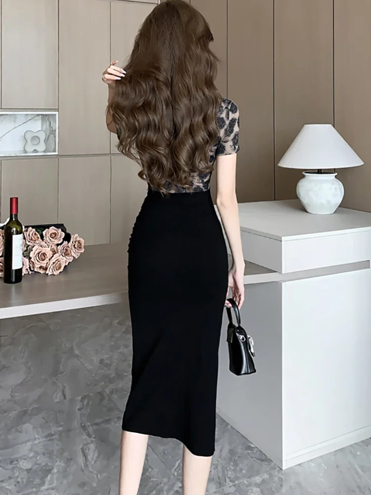 2025 coreano bodycon roupas de baile feminino elegante chique casual vestido de noite verão preto retalhos floral com decote em v vestido senhora do escritório
