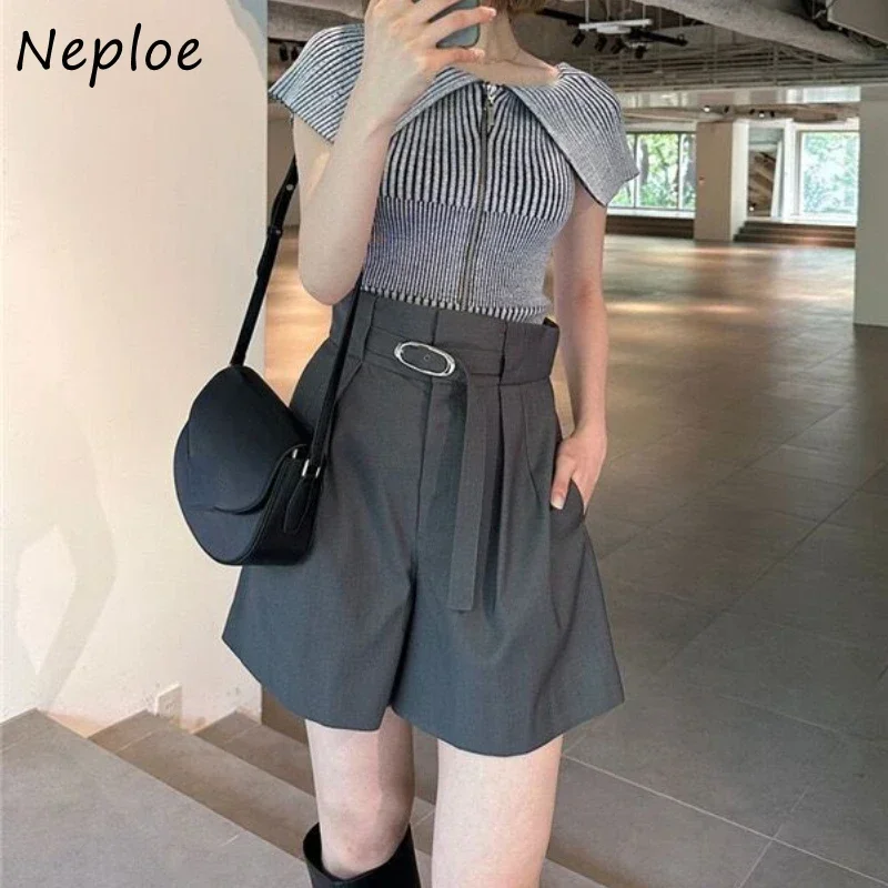 Neploe Japan Elegante Casual Losse Korte Broek Temperament Hoge Taille Riem Zak Vrouw Broek Mode All-Match Losse Femme Pantalon