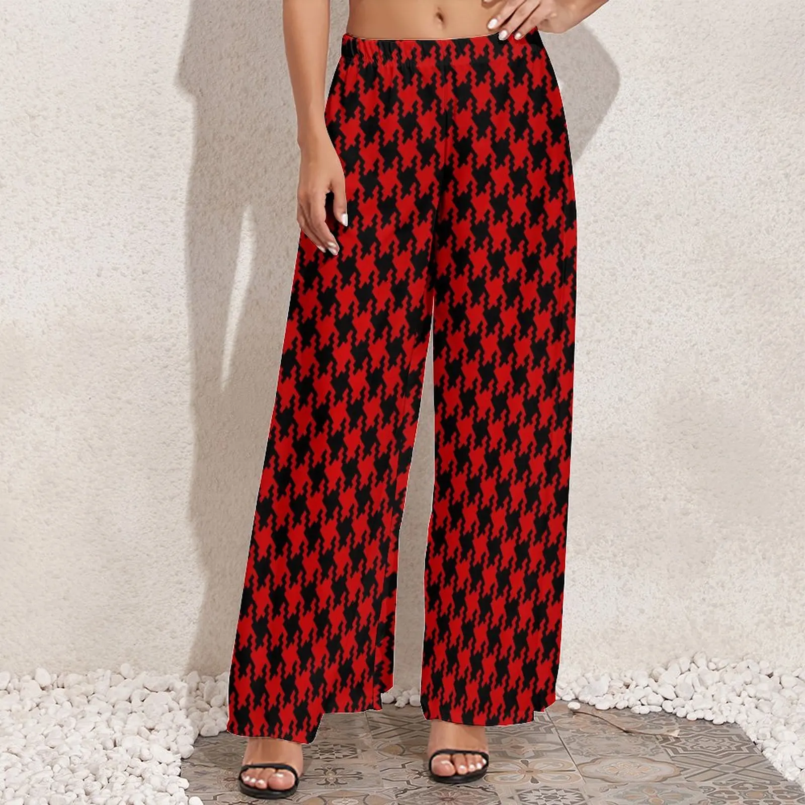 Schwarz rot Hahnen tritt gerade Hosen Check Print moderne Hose mit weitem Bein Damen Overs ize Street Style benutzer definierte Hose