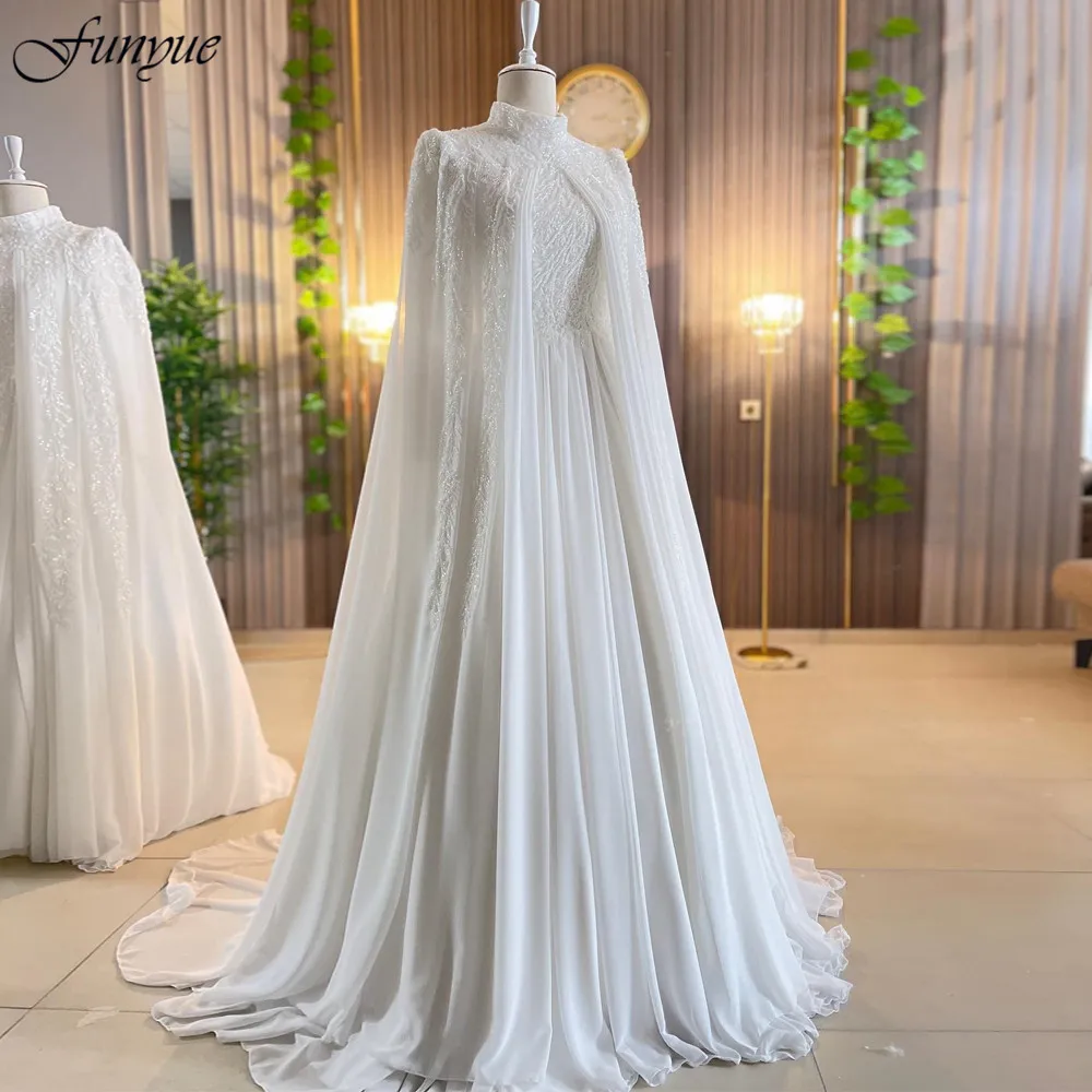 

Funyue Luxury Long Sleeves Muslim A-Line Wedding Dress 2025 Beaded Chiffon High Neck Arabic Bride Gowns with Cape Robe De Mariée