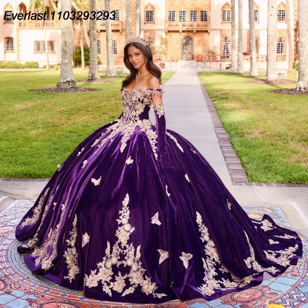 Evlast Paars Fluweel Quinceanera Jurk Baljurk Gouden Vlinder Kanten Applique Kralen Mexico Sweet 16 Vestido 15 De Xv Años Tqd188