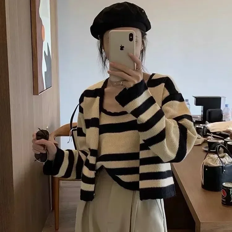 Women's New Fall Fashion Gentle Soft and Glutinous Black and White Striped Knit Two-piece Set Halter + cardigan Sweater Top Set