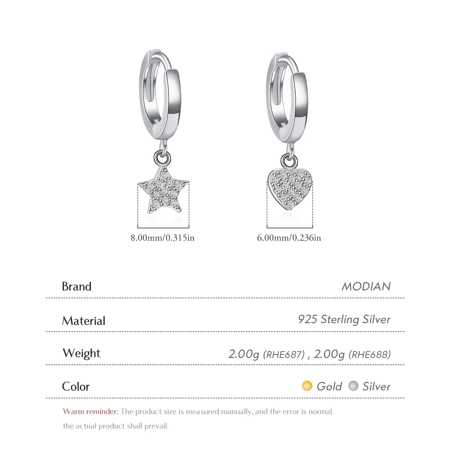 Modian New Luxury Solid 925 Sterling Silver Hearts Stars Dangle Earrings Fashion Silver Jewerly For Women Wedding Earring Gift