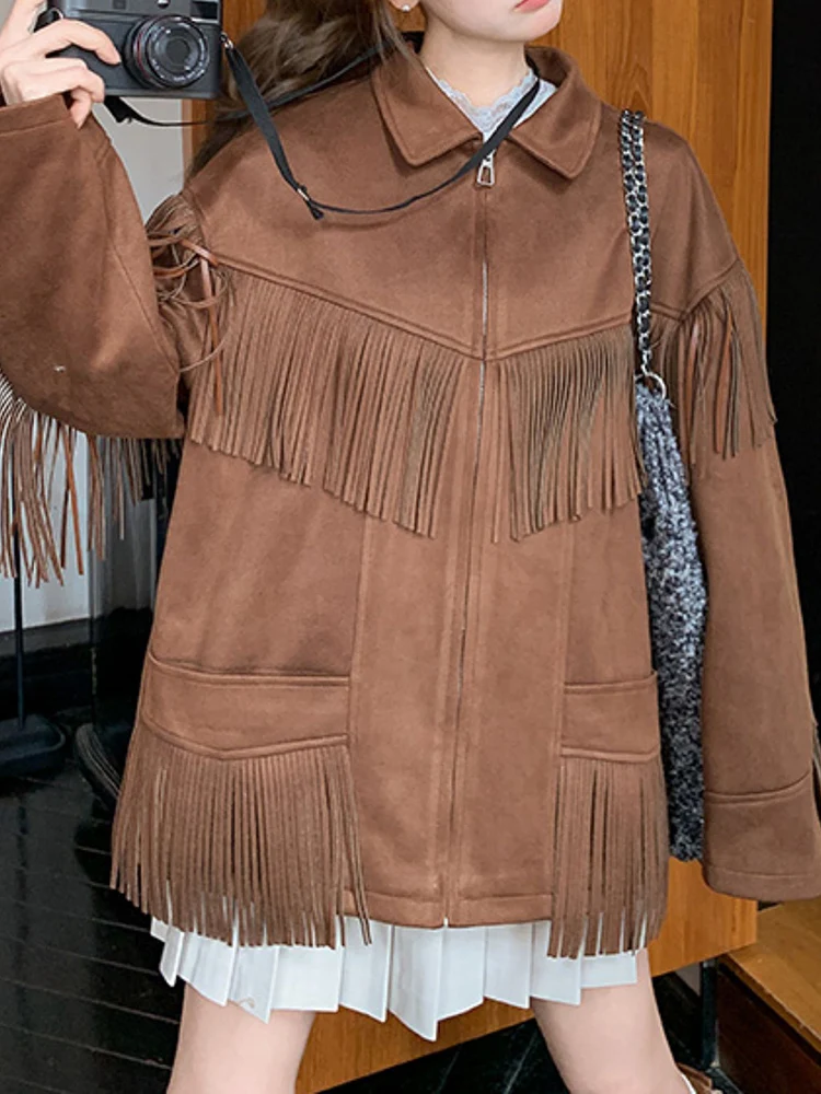 YERMORA براون الجلد المدبوغ شرابة جيب سترة خمر للنساء التلبيب كم طويل فضفاض معطف جديد موضة المد ربيع الخريف 2025