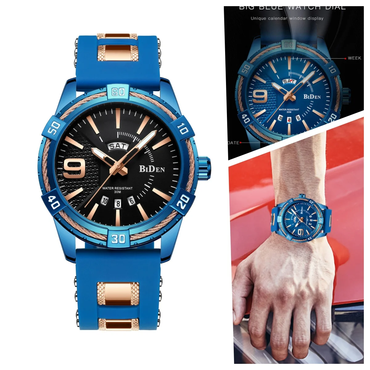 BIDEN lightweight sports design men's watch 30M waterproof high-quality silicone tape quartz men's clock luxury brand gift box