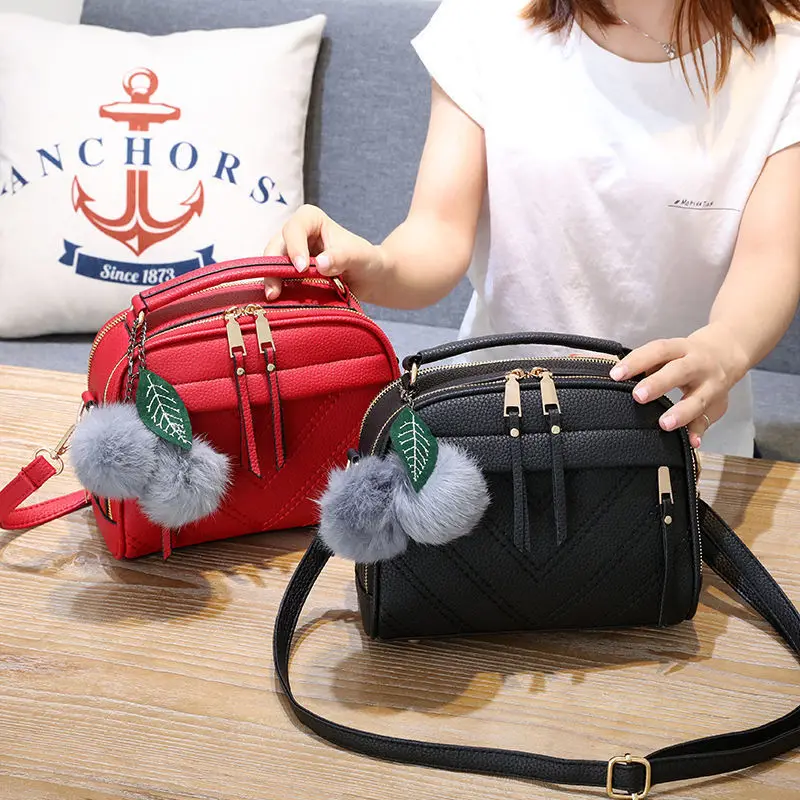 PU Leather Small Handbag For Women Girl Fashion Tassel Messenger Bags With Ball Female Shoulder Bags Ladies Party Crossby Bag