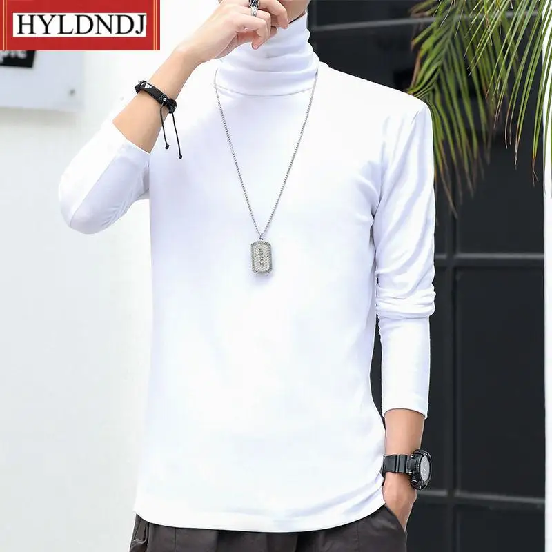 Male New Casual Jumpers Autumn Winter Turtleneck for Men Solid Colour Slim Elastic Pullover Long Sleeve T Shirts 2023