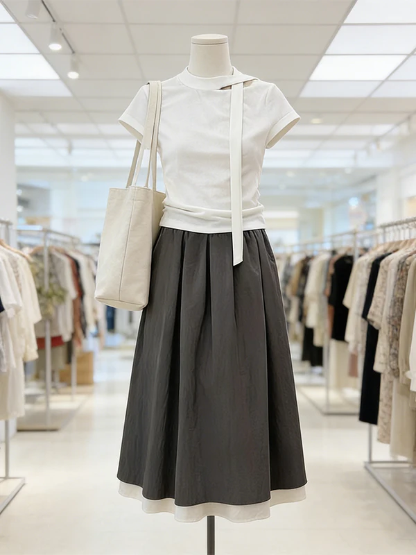 

plus Size Women's Summer T-Shirt Skirt Set Belted round Neck Slim Fit Contrast Color High Waist A-Line Midi Skirt Outfit