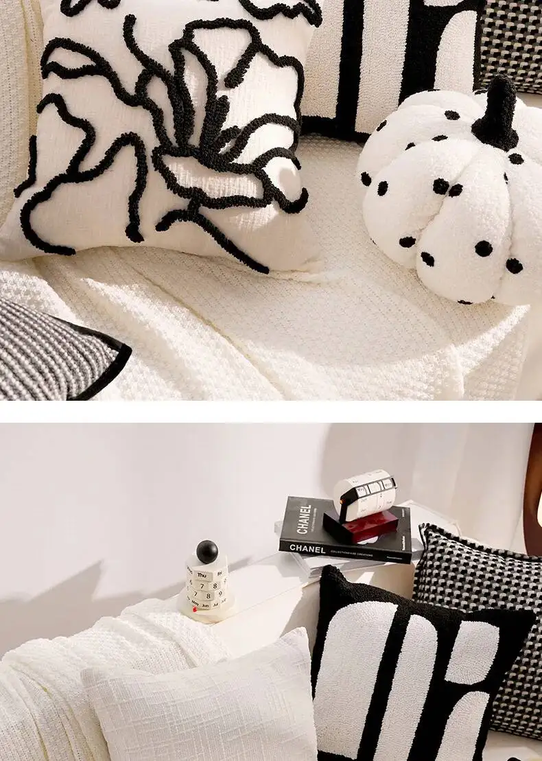 Luxuriöser französischer Stil Schwarz-Weiß Dekokissenbezug Chenille Boho Weiche Moderne Kissenhüllen für Sofa- und Bettdekoration – Detail 8