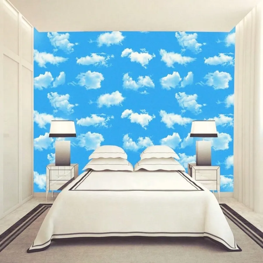 PVC Blue Sky Clouds Wallpaper - Self-Adhesive 3D Peel and Stick Wallpaper, Waterproof Removable for Bedroom Nursery Ceiling