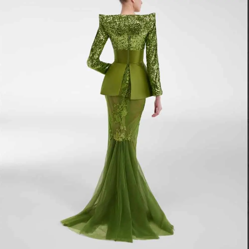 Customized Modest Evening Dress 2025 V Neck Long Sleeve Mermaid فساتين سهرة Transparent Bottom vestidos de gala Outfit