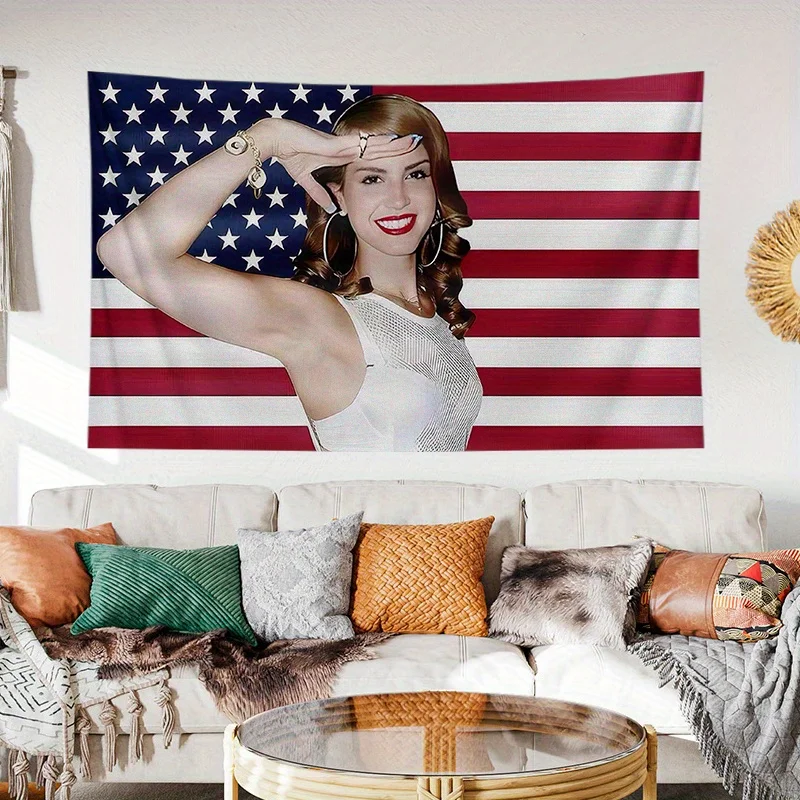 La Na Del Rey Patriotic American Flag Female Salute Tapestry Peach Light Beige Wall Hanging Horizontal Home Decor for Living Roo