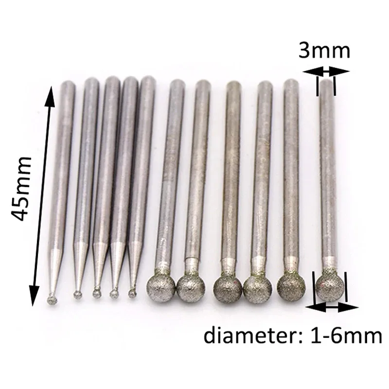 1/1.5/2/3/4/5/6mm Ball Diamond & CBN หัว Burr Point 3mm Shank แกะสลักแกะสลัก Bits สําหรับหยกแก้ว Dremel โรตารี่เครื่องมือ