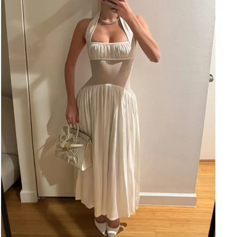 

Women's Slim Dress, Hanging Neck Wrap Backless Long Dress, Fashion Casual Slightly Sheer Dress, High Quality, Summer, New, 2025