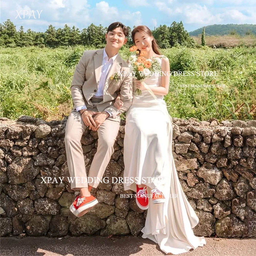 

XPAY Elegant Spaghetti Strap Soft Satin Wedding Dresses For Korea Photoshoot Train Pleat Formal Party Customized Prom Gown 웨딩드레스