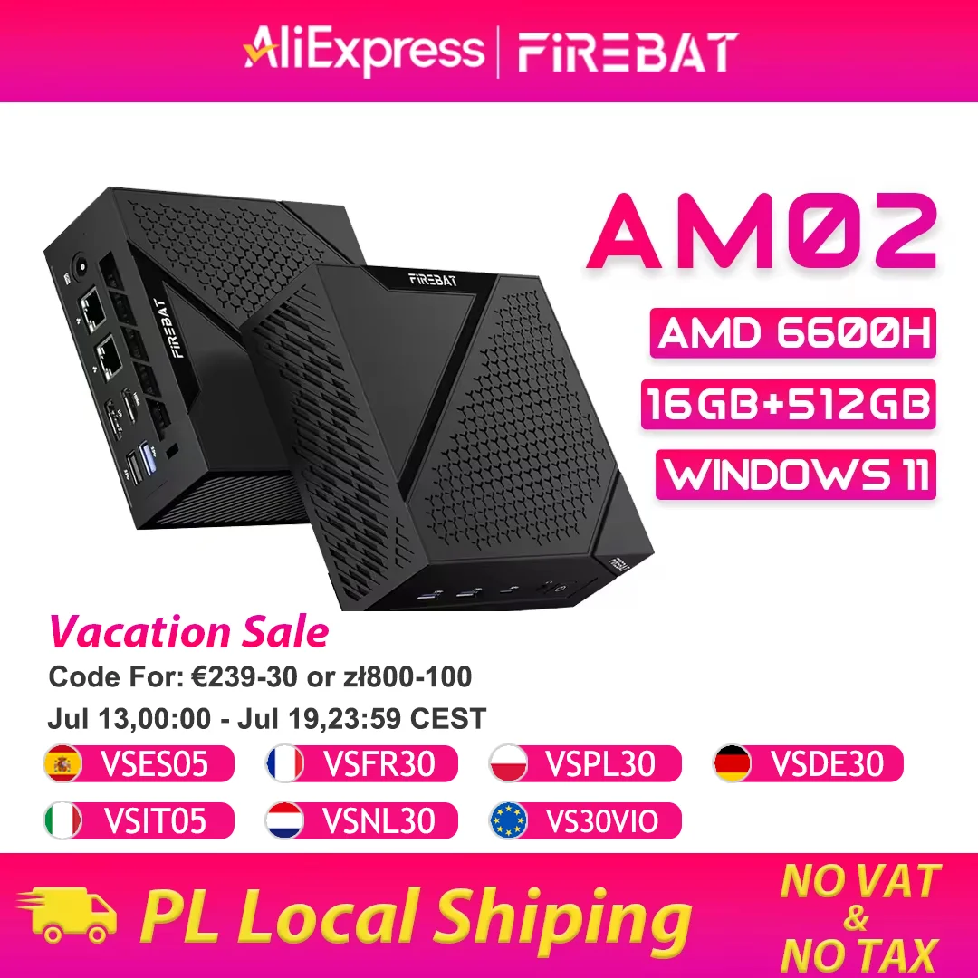 Mini PC FIREBAT AM02, AMD Ryzen 5 6600H, 16GB LP DDR5, 512GB SSD, Windows 11, WIFI6, BT5.2, Computadora de Escritorio Portátil, Puerto de Red, HDMI