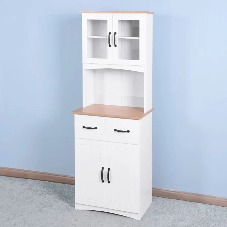 

Wooden Kitchen Cabinet White Pantry Room Storage Microwave Cabinet with Framed Glass Doors and Drawer