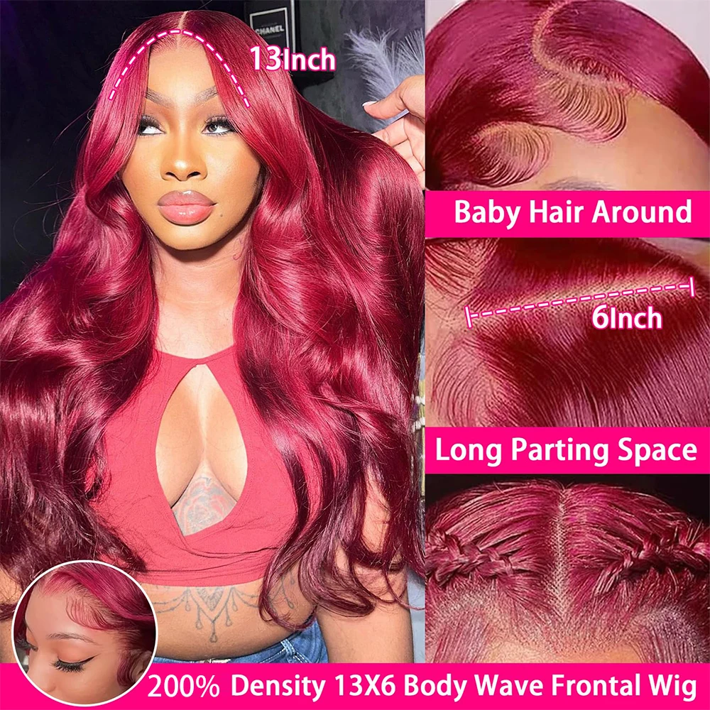 13x6 99j Burgundy Body wave Lace Front Human Hair 200 Density HD Transparent Lace Frontal Wig Brazilian Hair For Black Women