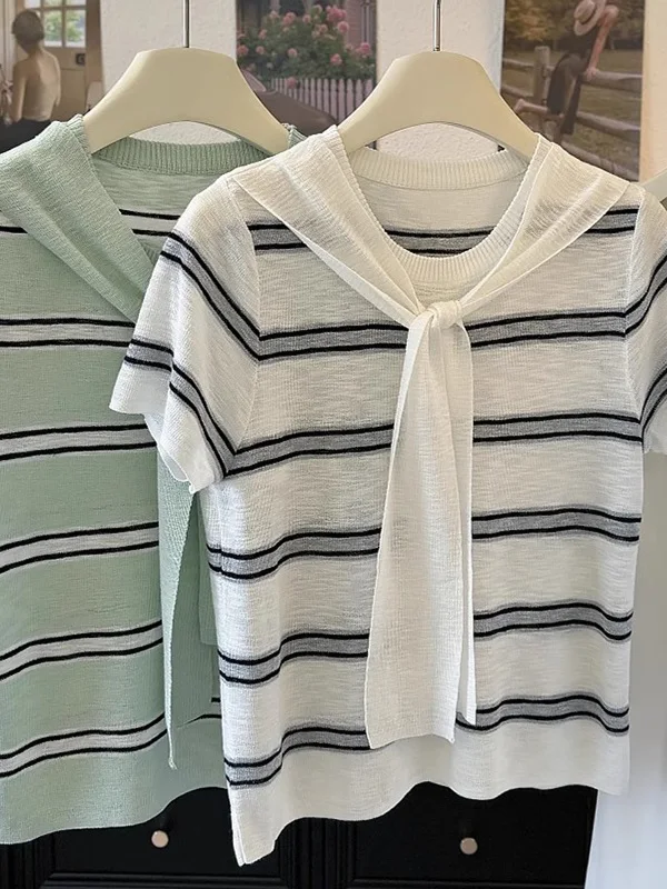 

Ice Silk Striped Knitted Top Women's oulder Wrap Slim round Ne ort Sve T-irt Summer New Cool Feeling Knitted irt