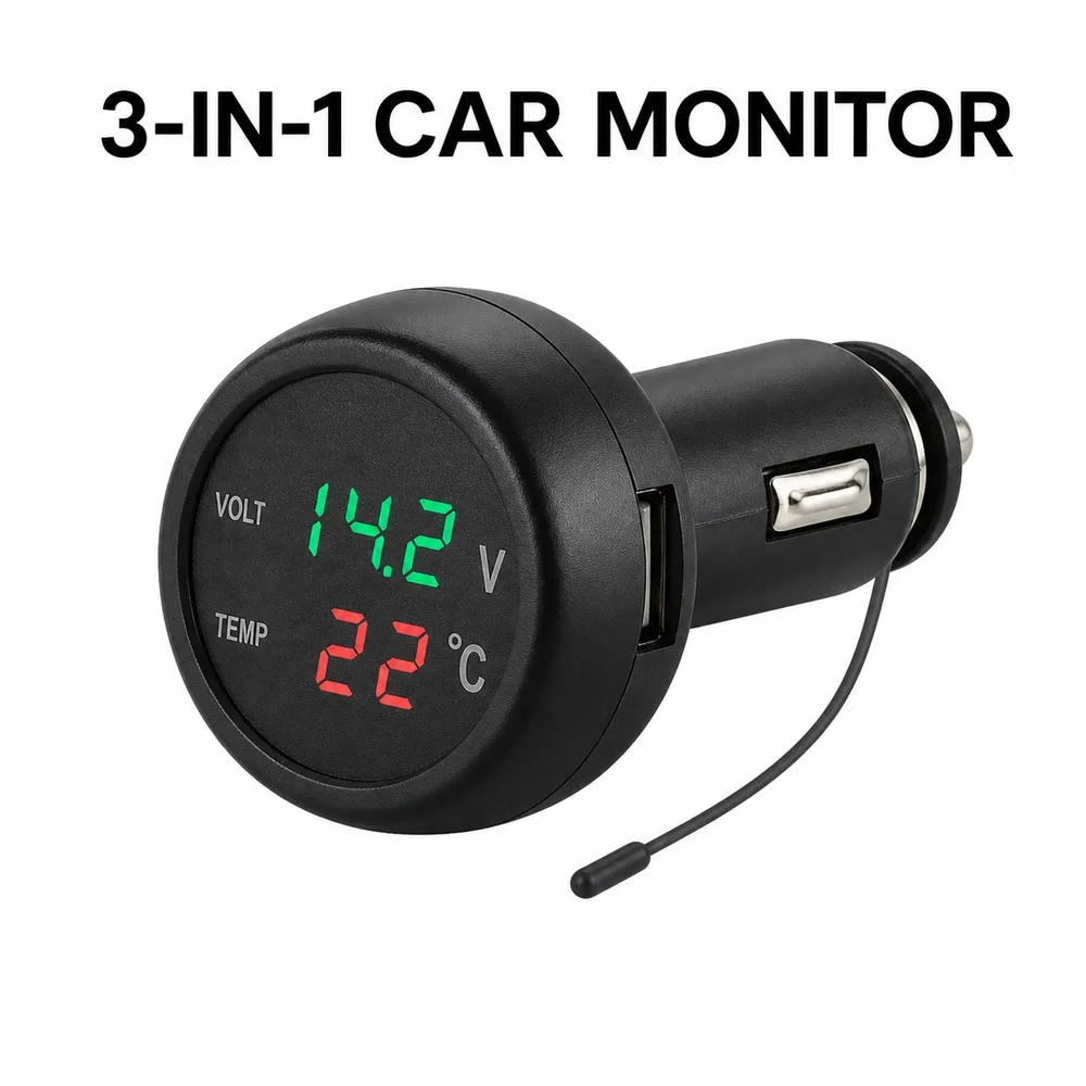 3-in-1 Car Voltage Meter Temperature Monitor USB Charger 5V 2.1A for 12V 24V Cigarette Lighter Socket