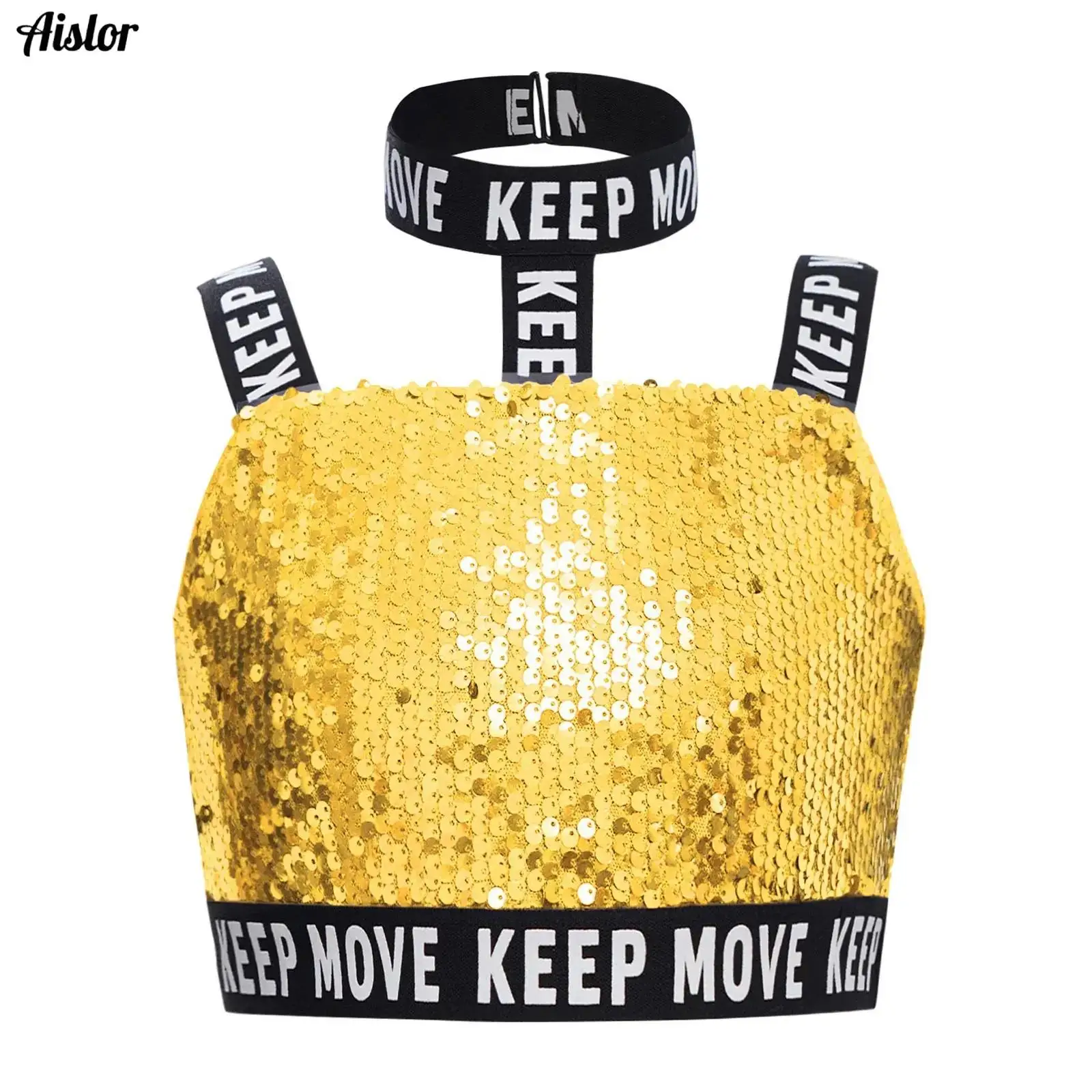 

Kids Girls Hip-Hop Jazz Dance Crop Top Halter Wide Shoulder Straps Glittery Sequin Tank Cropped Vest Stage Performance Costume