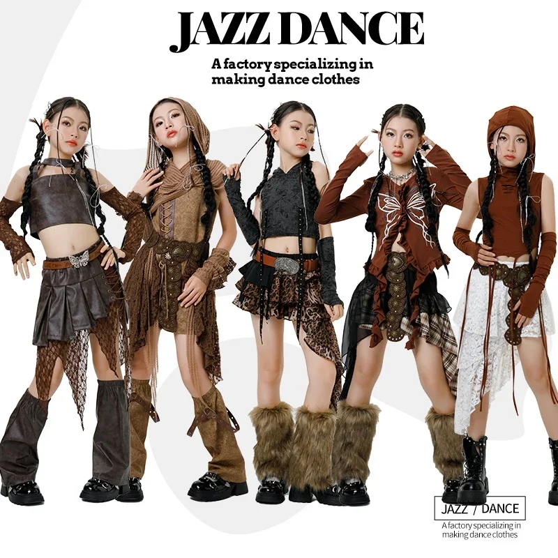 Neue Kinder Coole Jazz Dance Kostüme K POP Tanzen Wettbewerb Set Braun Hip Hop Straße Führen Outfits Für Mädchen Gruppe XH1683