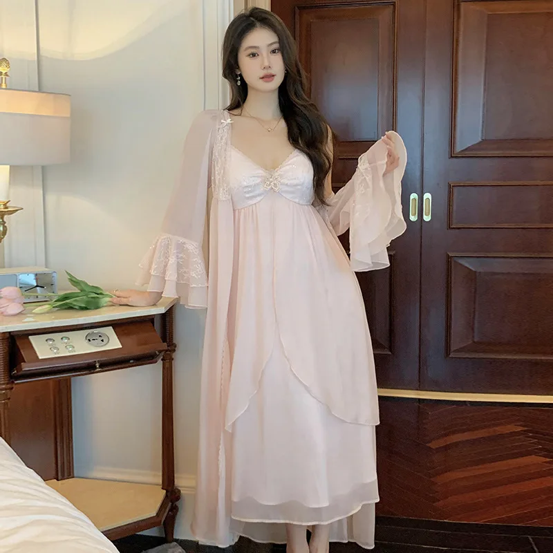 French Sexy Robe Fairy Nightgown Two-piece Set for Women Spring Chiffon Mesh Vintage Princess Pajama Sleepwear Home Clothing