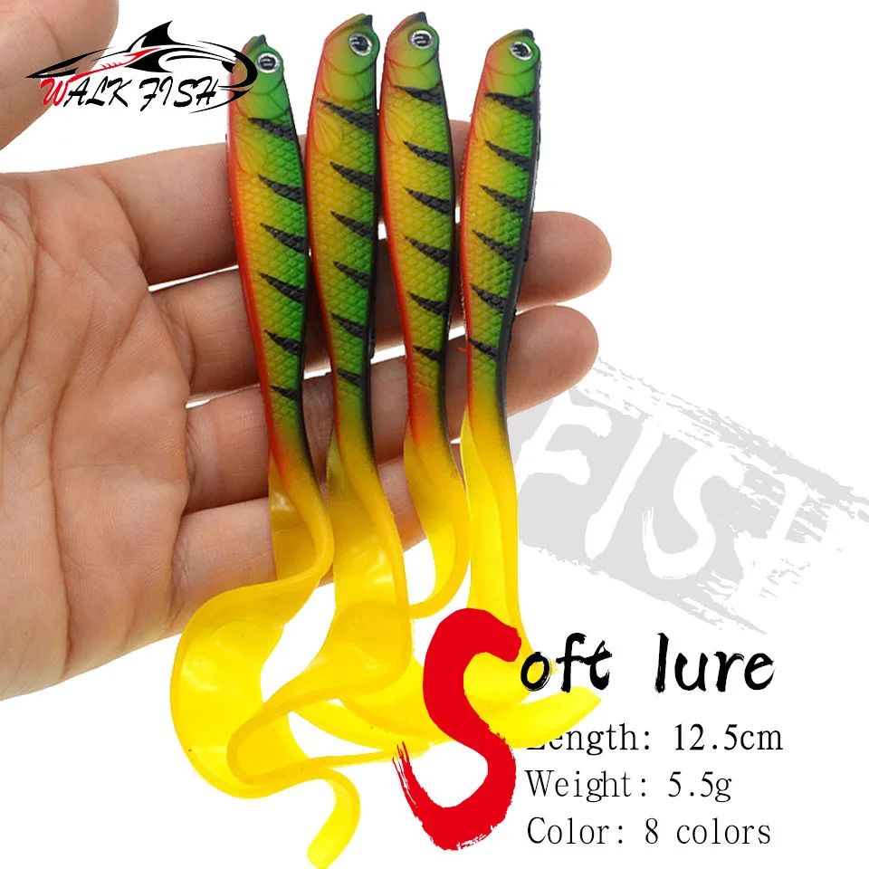 Caminhada peixe 4 pçs jigging wobblers isca de pesca 12.5cm 5.5g shad t-tail isca macia iscas de silicone aritificial bass pike pesca