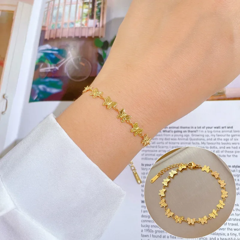 Vintage Fashion Butterfly Beaded Bracelet for Women Charm Gold Color Stainless Steel Wedding Bride Bangle Jewelry Colorfast Gift