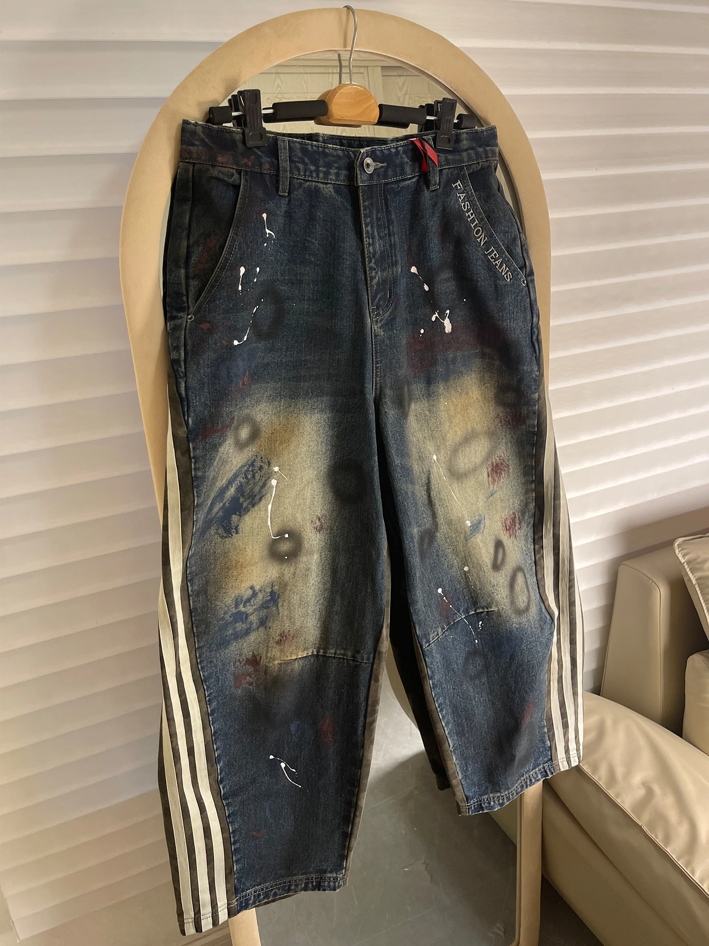 

Parisian Sle Camouflage Patchwork Wide Leg Jeans Men's Trendy American High Street Loose Fit Trousers Casual Straight Cut