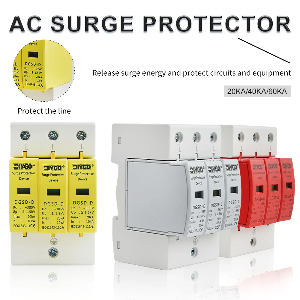 

AC SPD 3P House Surge Protector 20KA 40KA 60KA Din Rail Protective Low-voltage Arrester Device Lightning Protection 2P+N 385V
