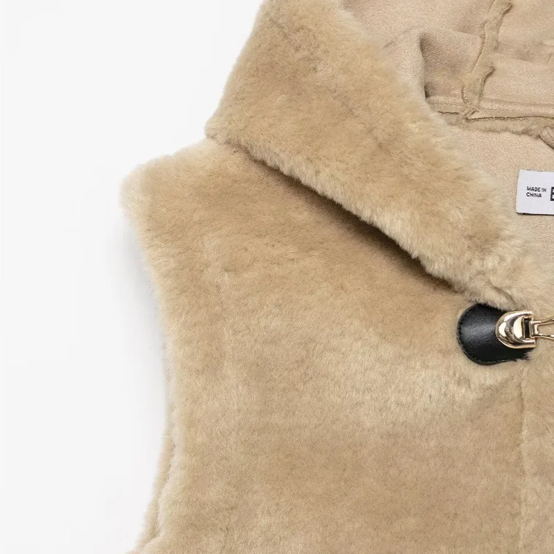 Kunstpelzwesten mit Kapuze, ärmellos, Khaki, solide, einreihige Pelzjacken, flauschig, stilvoll, warm, dick, Plüschmäntel, Kunstfuchs, Luxus