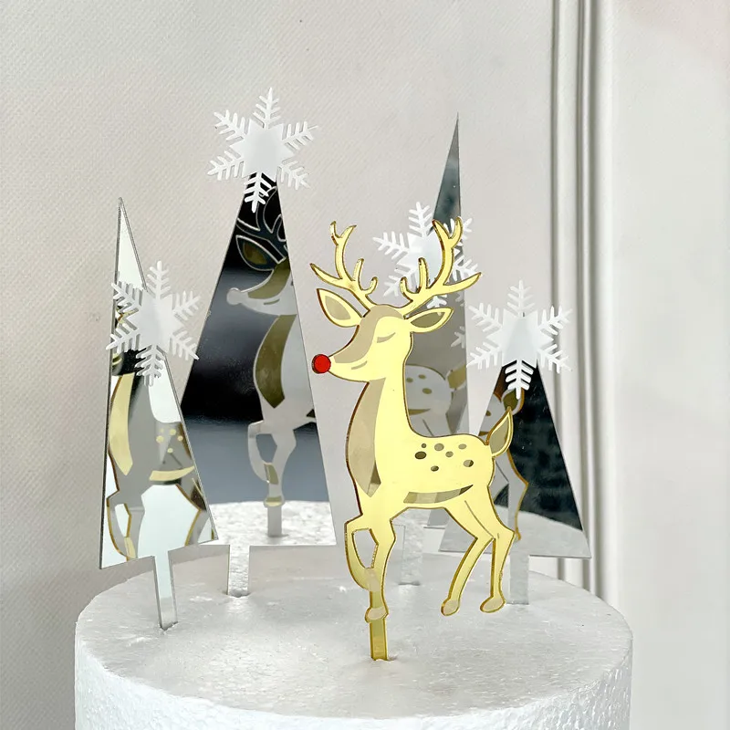 New Merry Christmas Cake Topper Acrylic Cute Christmas Tree Deer Cake Topper for Christmas Xmas Decor Party Cake Decorations