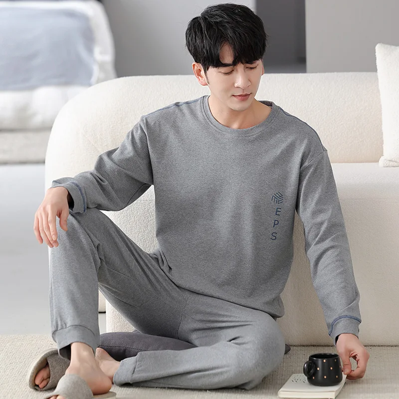 Newest Spring M-4XL Men Pajamas Set 100% Cotton Long Sleeve Sleepwear Autumn Home Clothes