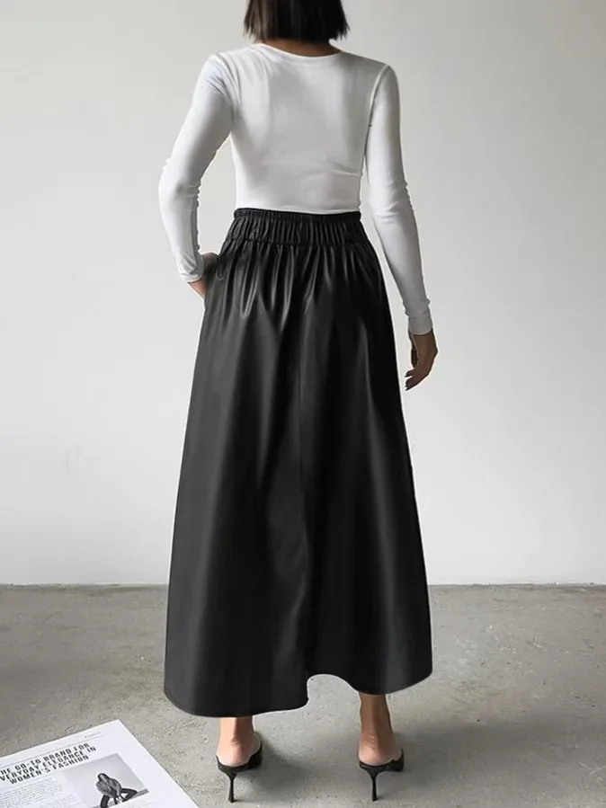 

Модная юбка из искусственной кожи с высокой талией, винно-красная юбка-миди, женская свободная длинная юбка трапециевидной формы в стиле ретро