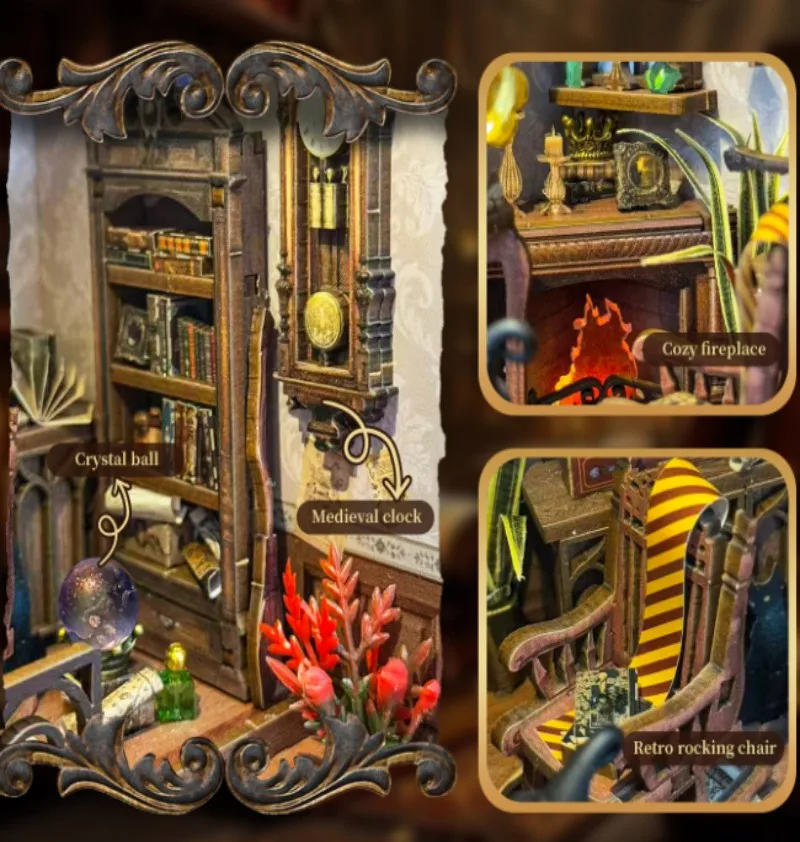Zestaw DIY OUZEY Magic Booknook, magiczny wkład do regału z oświetleniem, drewniany model domku 3D dla dorosłych