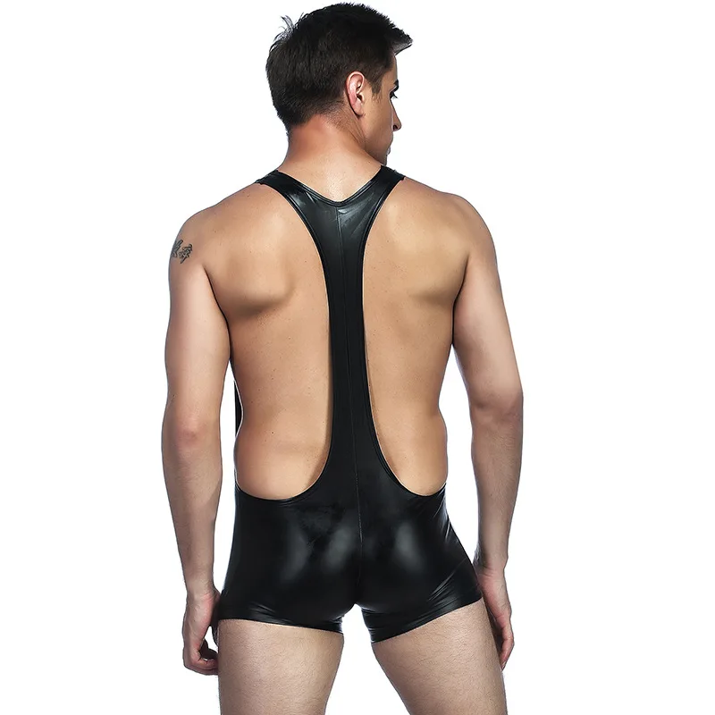 PU leather Men's Black One-piece Underwear Adult Dance Funny Shoulder Strap Boxer Shorts Panties Stage Show Jumpsuit M-2XL