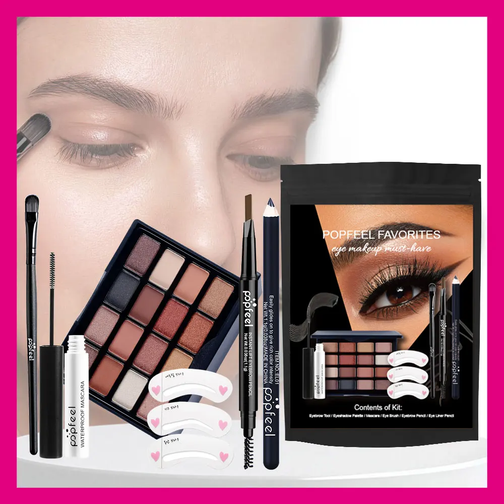 POPFEEL アイメイクアップ 6 点セット - 16 色のアイシャドウ パレット、マスカラ、アイブロウ ペンシル、アイライナー、ブラシ、アイブロウ ステンシルが含まれます。