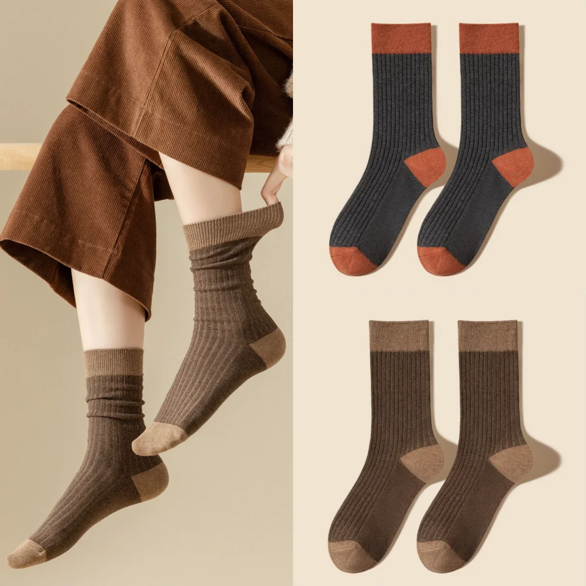 Autumn and Winter Color-Blocked Slouch Socks, 5 Pairs, Vertical Stripe High Elasticity + Vintage Color Scheme, Soft and Smooth Texture, Suitable for Commuting / Lazy Style Outfits / Holiday Gifts