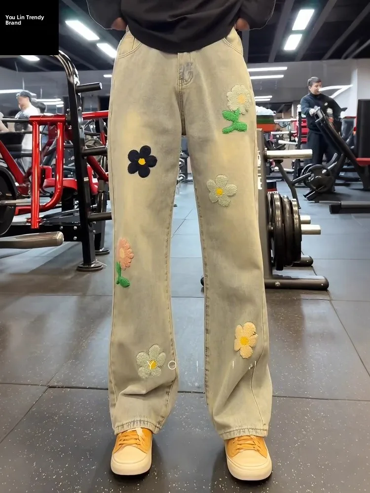 

American Retro Embroidered High Waist Jeans Men's Autumn Winter Hiphop Straight Leggings Micro Flared Pants Casual Wear