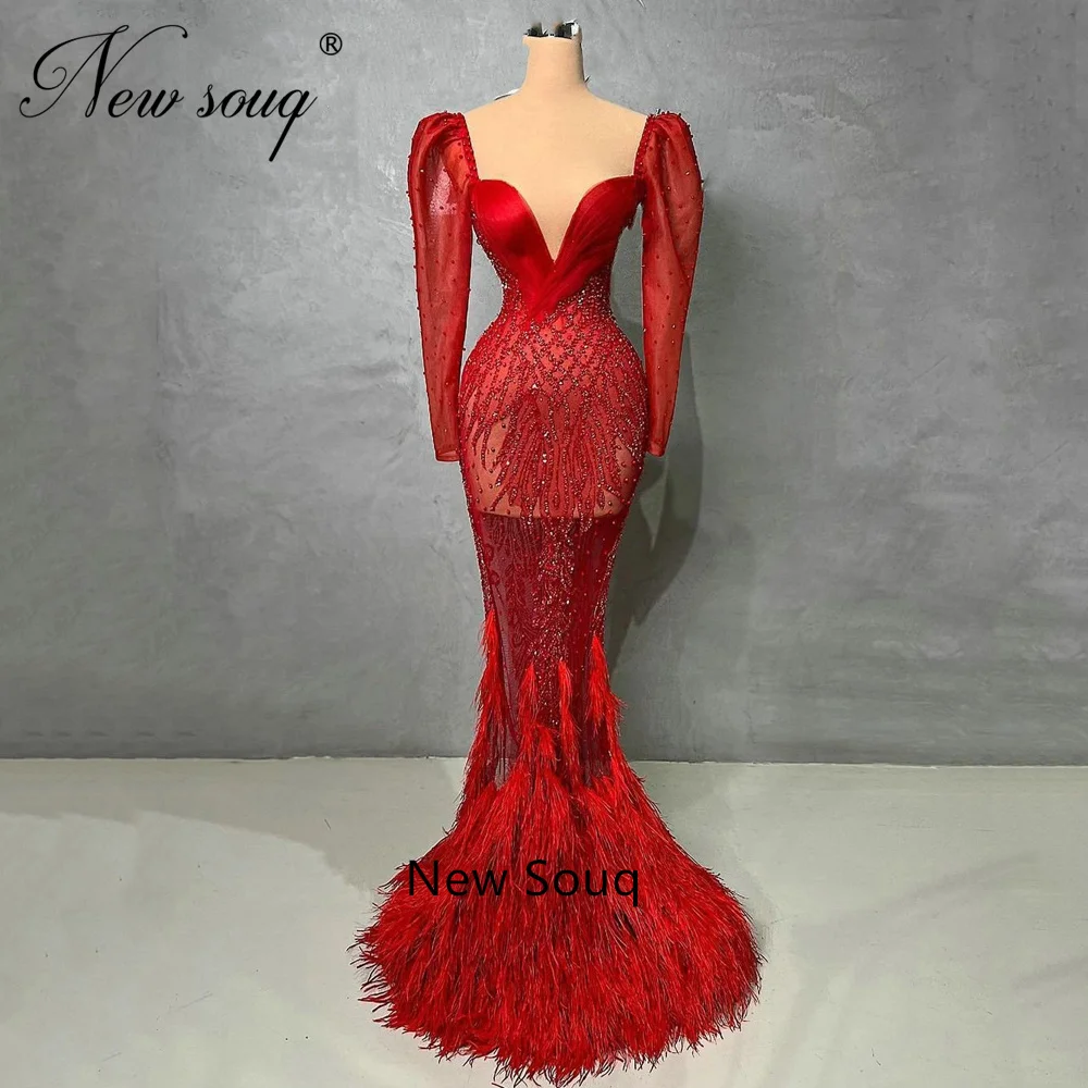 

Middle East Red Long Sleeves Prom Dresses Custom Made Beading Feathers Evening Gowns Elegant Mermaid Wedding Party Gowns Robes