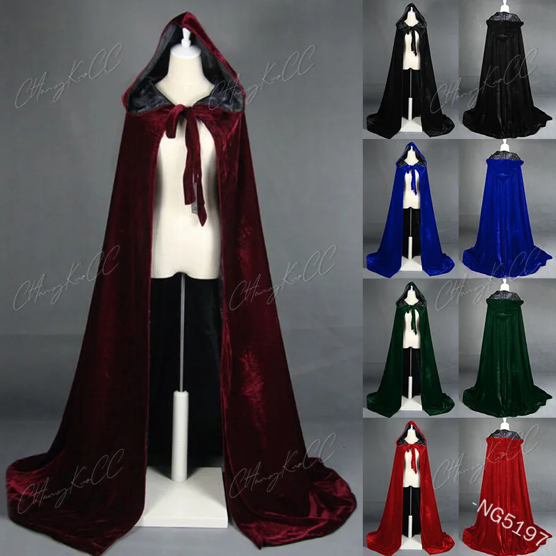 Jubah bertudung jubah beludru panjang jubah hijau hitam merah Halloween karnaval Purim mantel abad pertengahan penyihir Wicca kostum vampir untuk dewasa