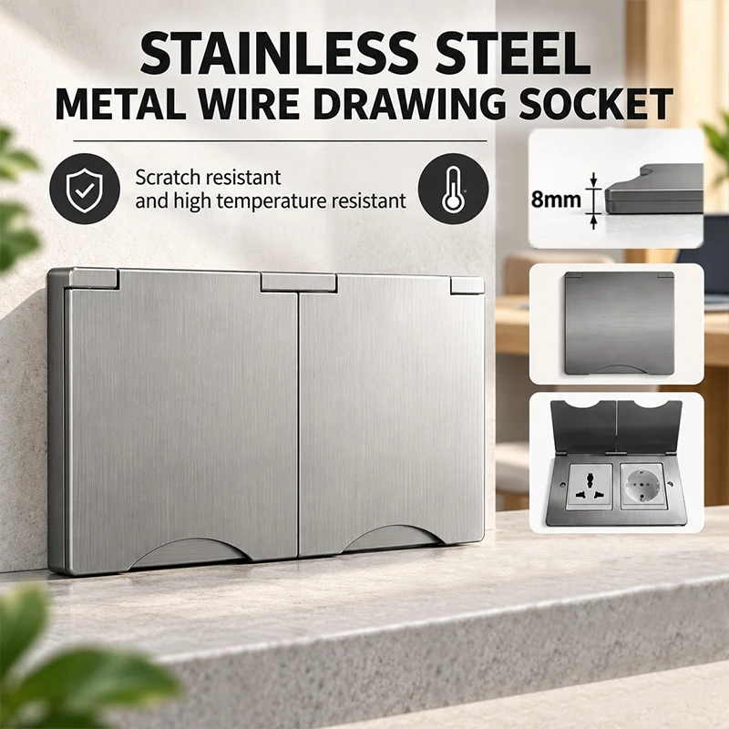 Wall Mount 1 2 Gang 8mm Thick Stainless Steel Panel Socket 13A Power Outlet Computer Telephone Socket UK US EU France Standard