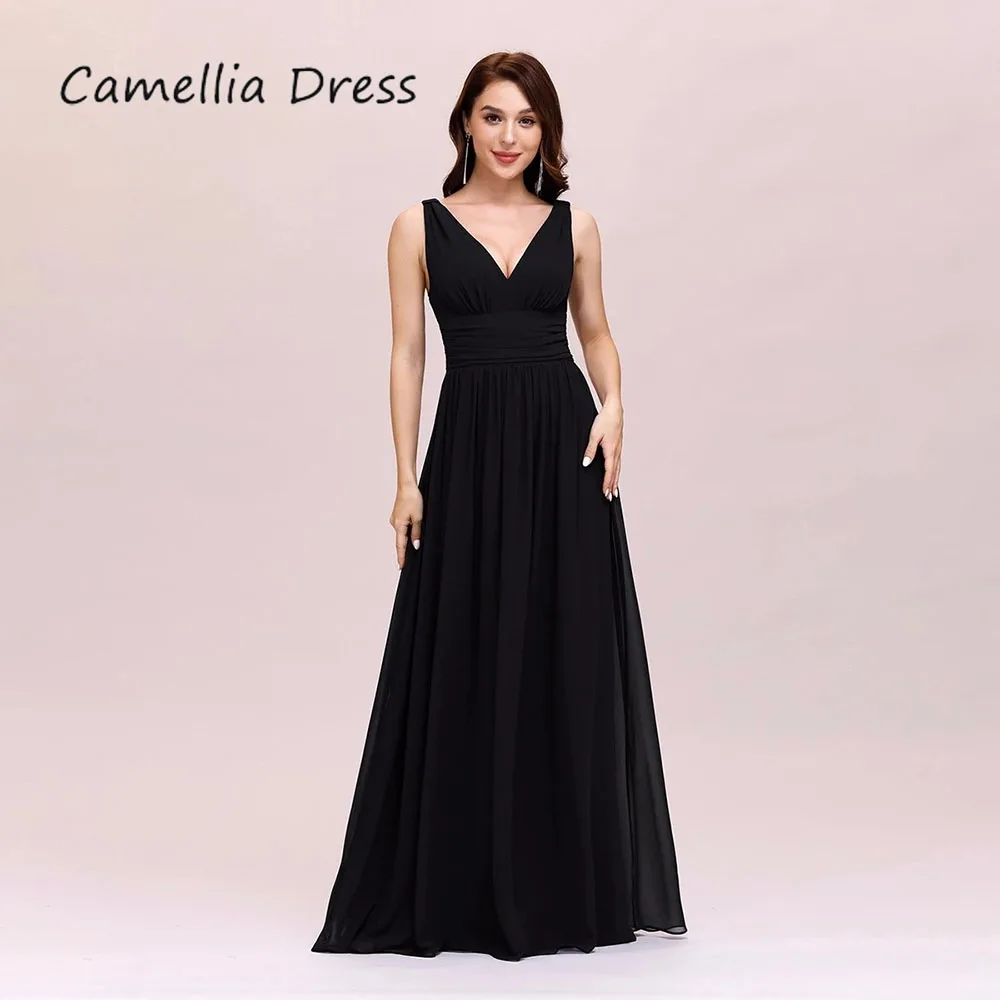 

Glamorous V-neck Evening Dresses Floor-length Pleat A Line Tank Sleeve Party Gowns Backless 2023 Elegant Vestidos De Noche